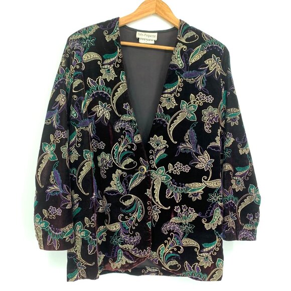 Vtg Velvet Blazer Jacket Très Paquette Byer M Black Green Gold Shoulder Pads 80s - Picture 1 of 13